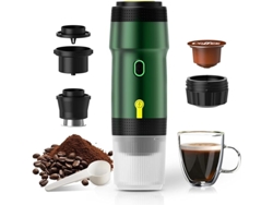 Cafetera expreso eléctrica portátil, compatible con café molido y cápsulas, ideal para senderismo, color verde