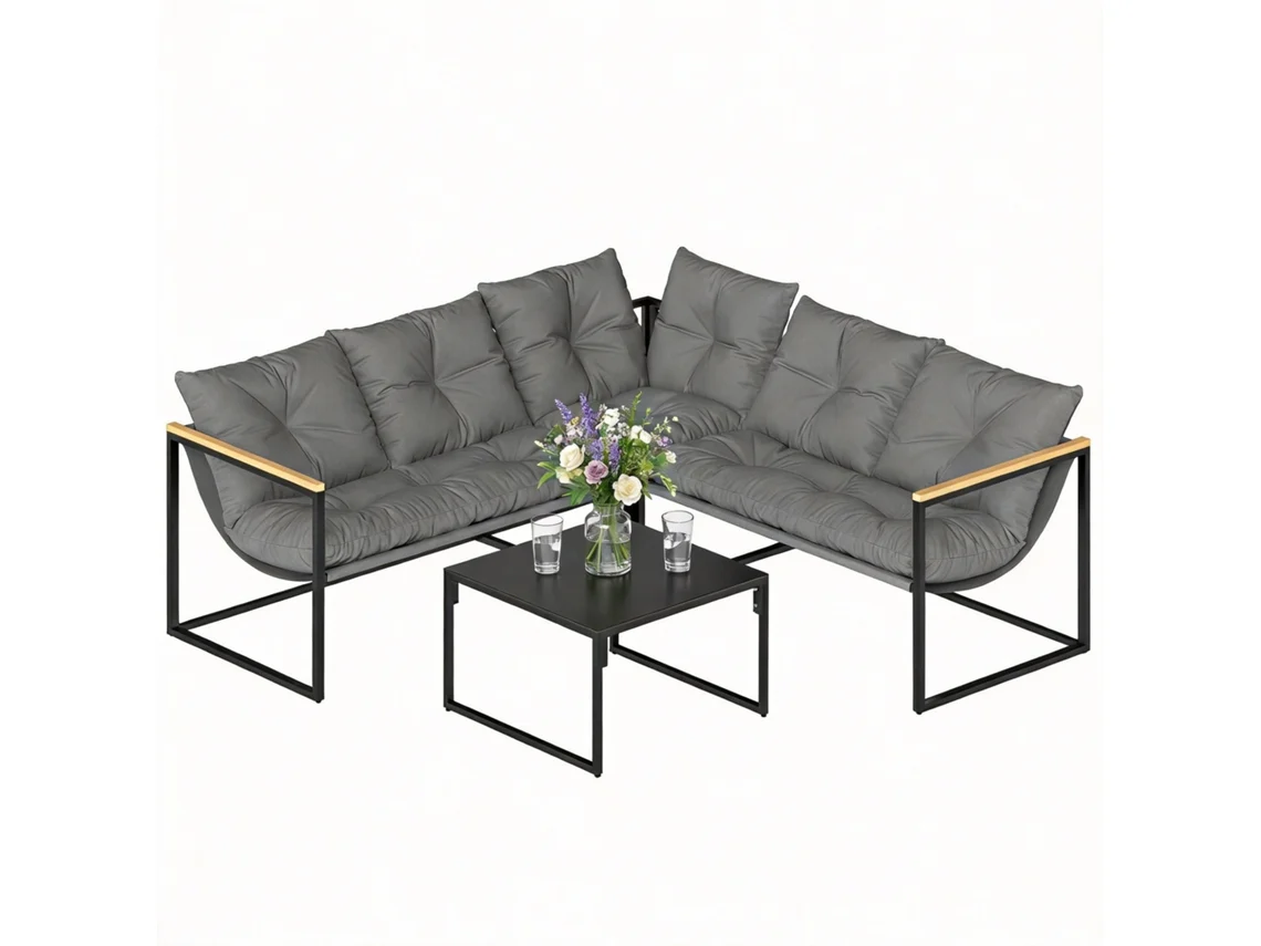 Conjunto Jardim 4 Peças 2 Sofás Canto Mesa Vidro Cinza