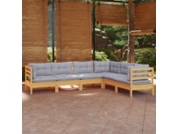 Conjunto de jardín de 6 piezas con cojines grises en pino macizo DKD Home Decor