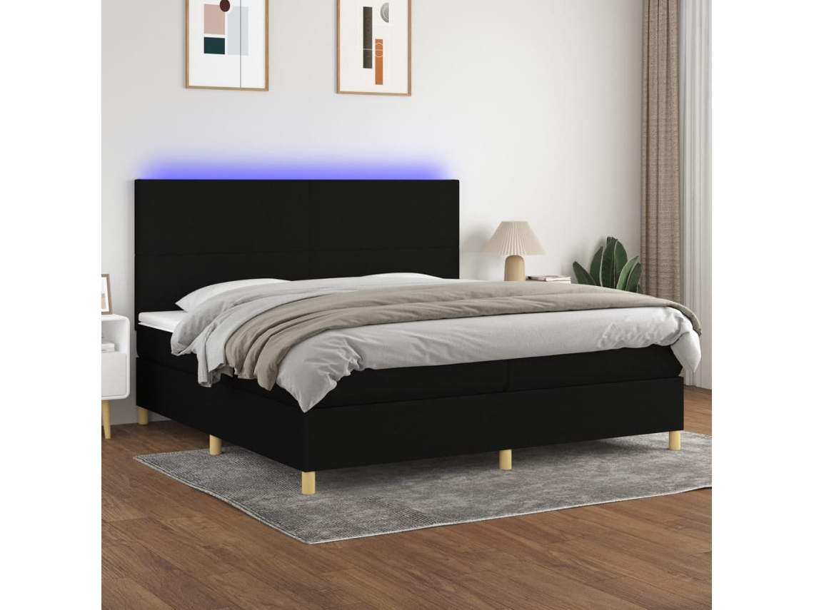 Cama Box Spring Colchón Y Luces Led Tela Negro 200x200 Cm