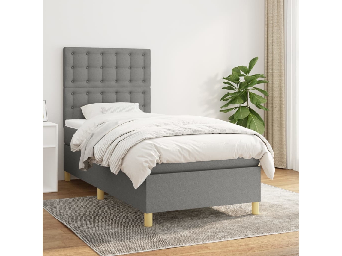 Cama Box Spring Con Colchón Tela Gris Oscuro 80x200 Cm