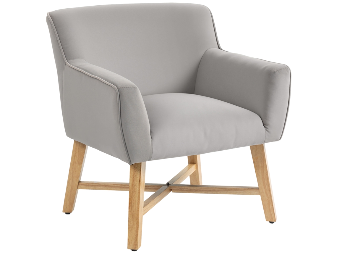 Sillón De Terciopelo Con Brazos Acolchados, Patas De Madera Cruzadas, Color Gris Claro.