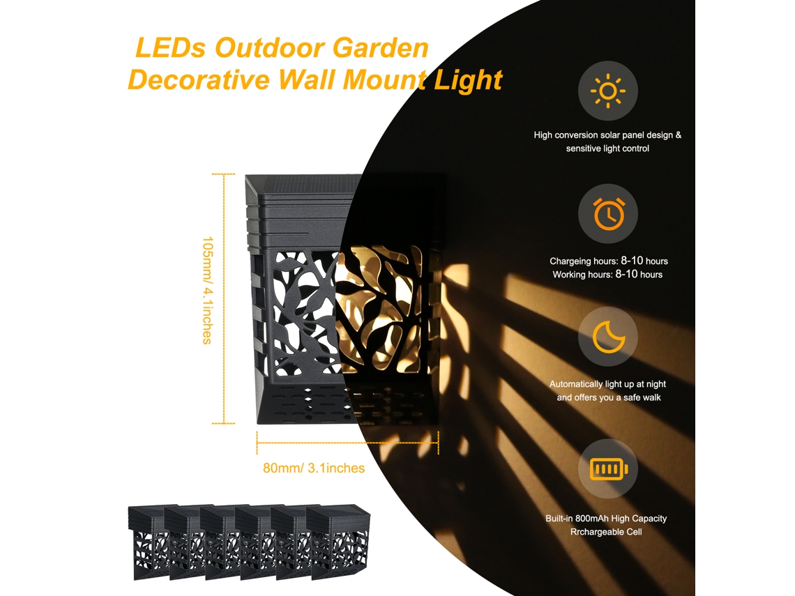 Lámpara solar de 6 unidades para valla/pared exterior, luz blanca cálida + RGB, diseño hueco, IP55, batería recargable de 800 mAh, para jardín/patio (modelo 2026).