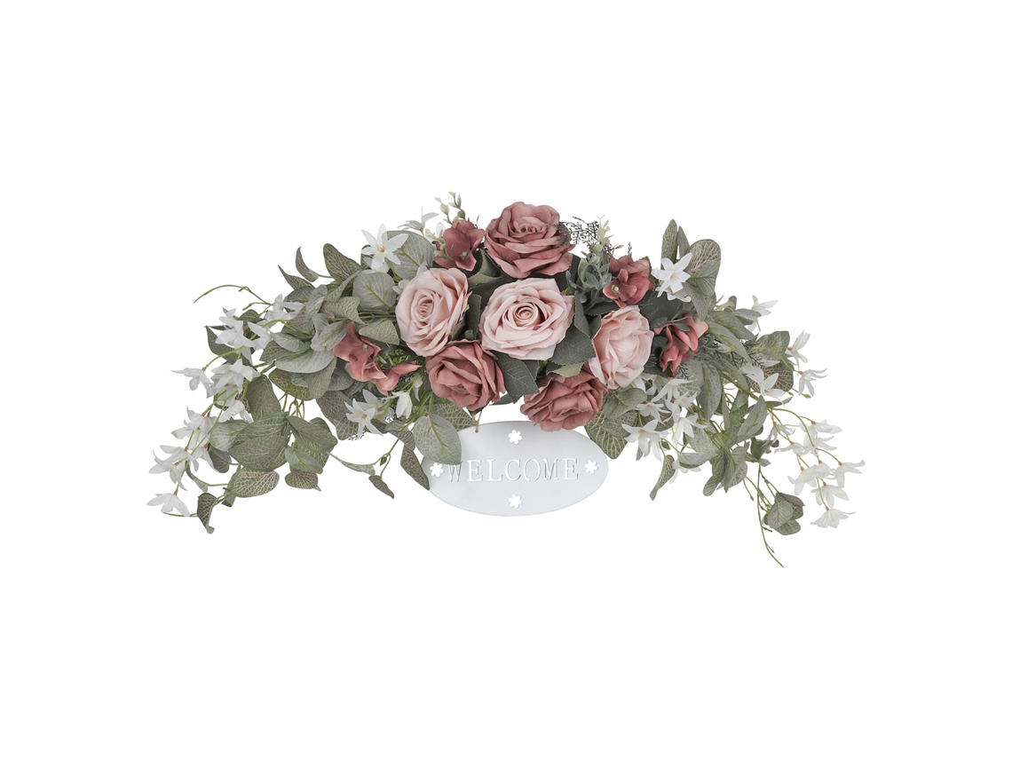 Decoración floral para la puerta con rosas y orquídeas.