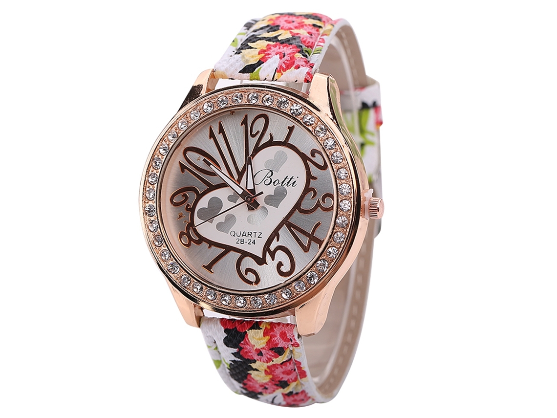 Reloj De Pulsera Para Mujer Con Números Arábigos, Correa De Poliuretano Con Estampado Floral Y Movimiento De Cuarzo Rojo.