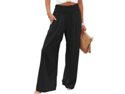 2026-24311-pantalones De Mujer De Cintura Alta Elástica Casual De Pierna Ancha Con Bolsillos L Negro