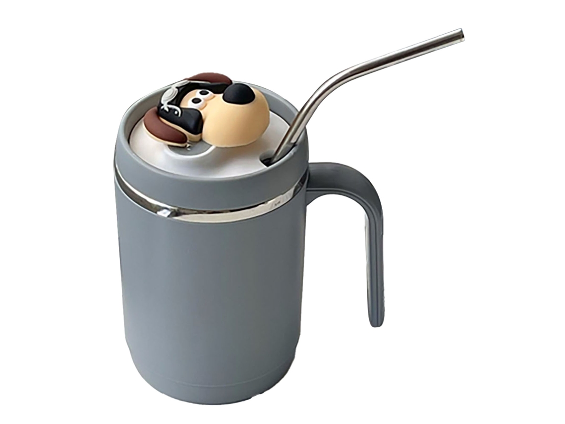 Vaso térmico de acero inoxidable con pajita y tapa, taza de café de doble pared con asa para oficina