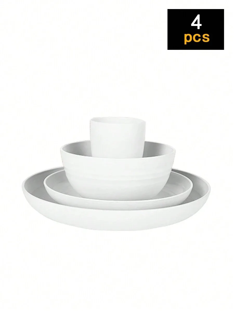 Juego De Cubiertos De Plástico (blanco) De 4 Piezas, Que Incluye Platos, Cuencos Y Vasos.