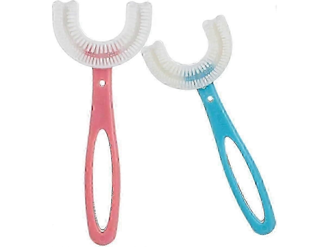 Kit 2025 con 2 cepillos de dientes infantiles en forma de U, cepillo de entrenamiento manual suave para niños de 6 a 12 años GOKOCO (rosa + azul)