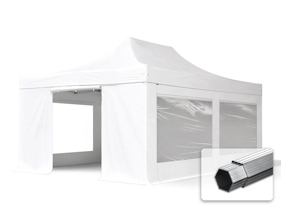 Carpa plegable de 4 x 6 m, aluminio profesional de 50 mm, laterales con ventanas panorámicas, color blanco