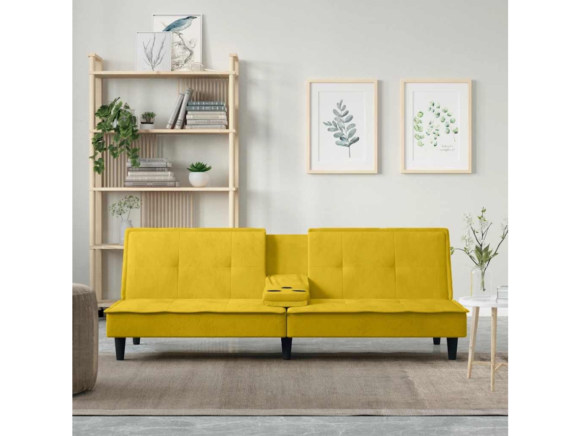 Sofá Cama | Sofá De Salón | Sofá De Descanso Con Portavasos Terciopelo Amarillo