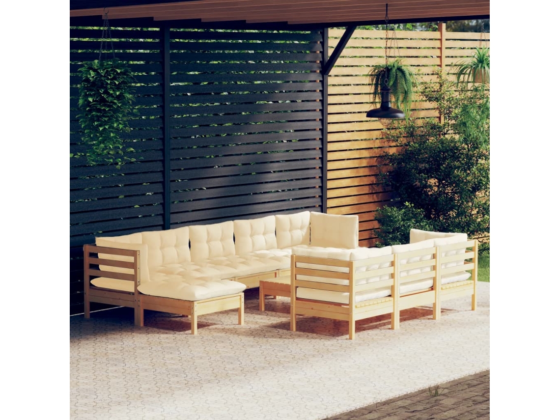 11 Piezas Conjunto Lounge Jardim C/ Almofadões Creme Pinho Maciço Dkd Decoración Del Hogar