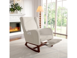 Mecedora tapizada con cojín lumbar y bolsillos laterales, patas de madera, para salón y dormitorio, lino beige, ROSAHQNDA
