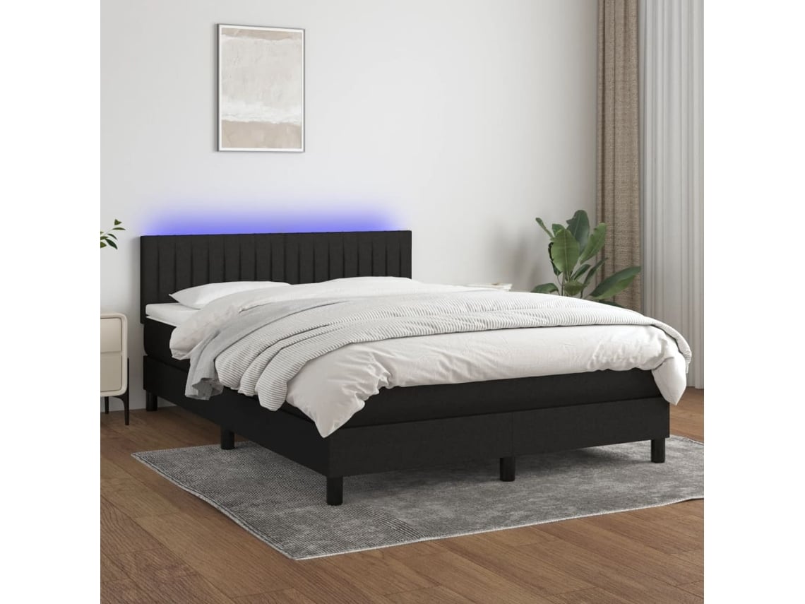 Cama Box Spring Colchón Y Luces Led Tela Negro 140x200 Cm