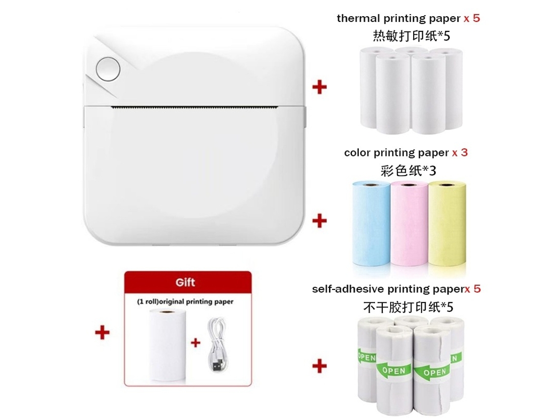 Mini Impresora Térmica Bluetooth, Impresora De Etiquetas Sin Tinta Con 14 Rollos De Papel De Impresión, Color Blanco GERTIZ