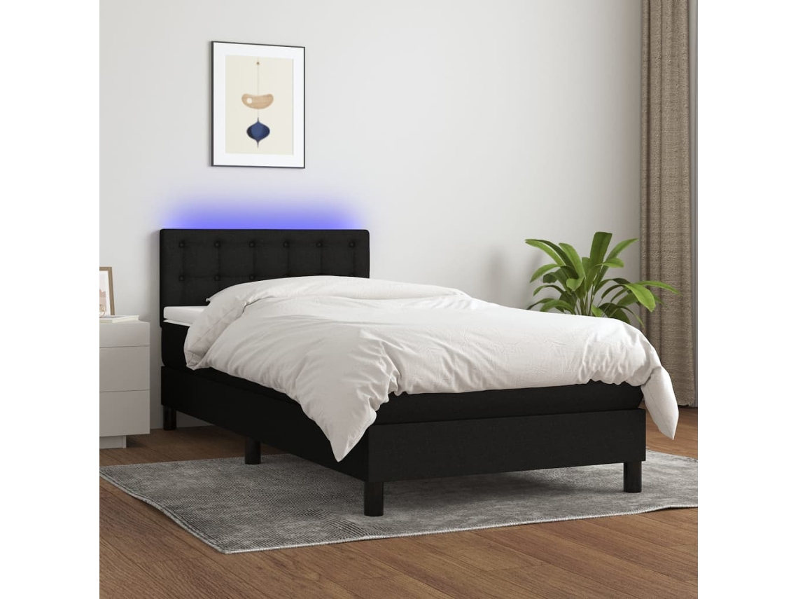 Cama Box Spring Colchón Y Luces Led Tela Negro 90x190 Cm