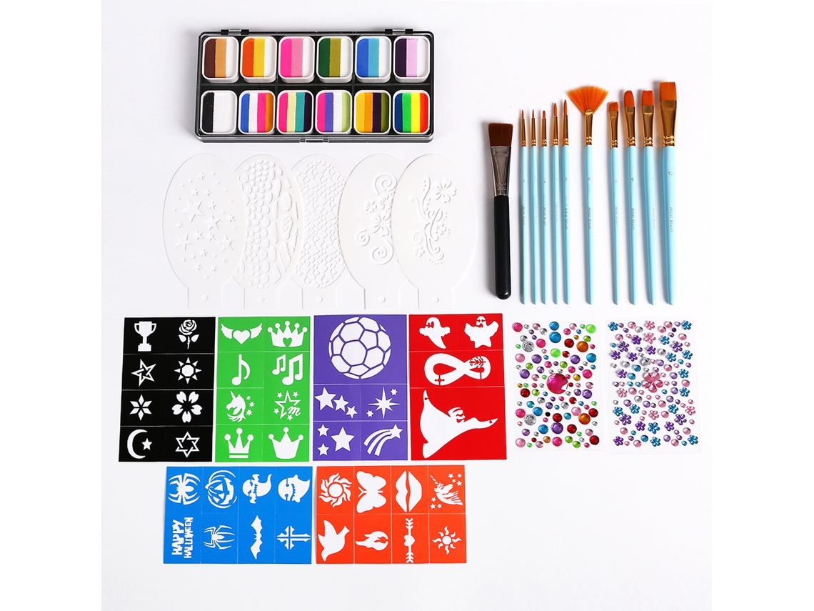 Conjunto De Paleta De Pintura Acuarela Com 12 Cores Split Cakes, Pinceis E Moldes Para Pintura Facial Corporal Profissional Halloween Festa