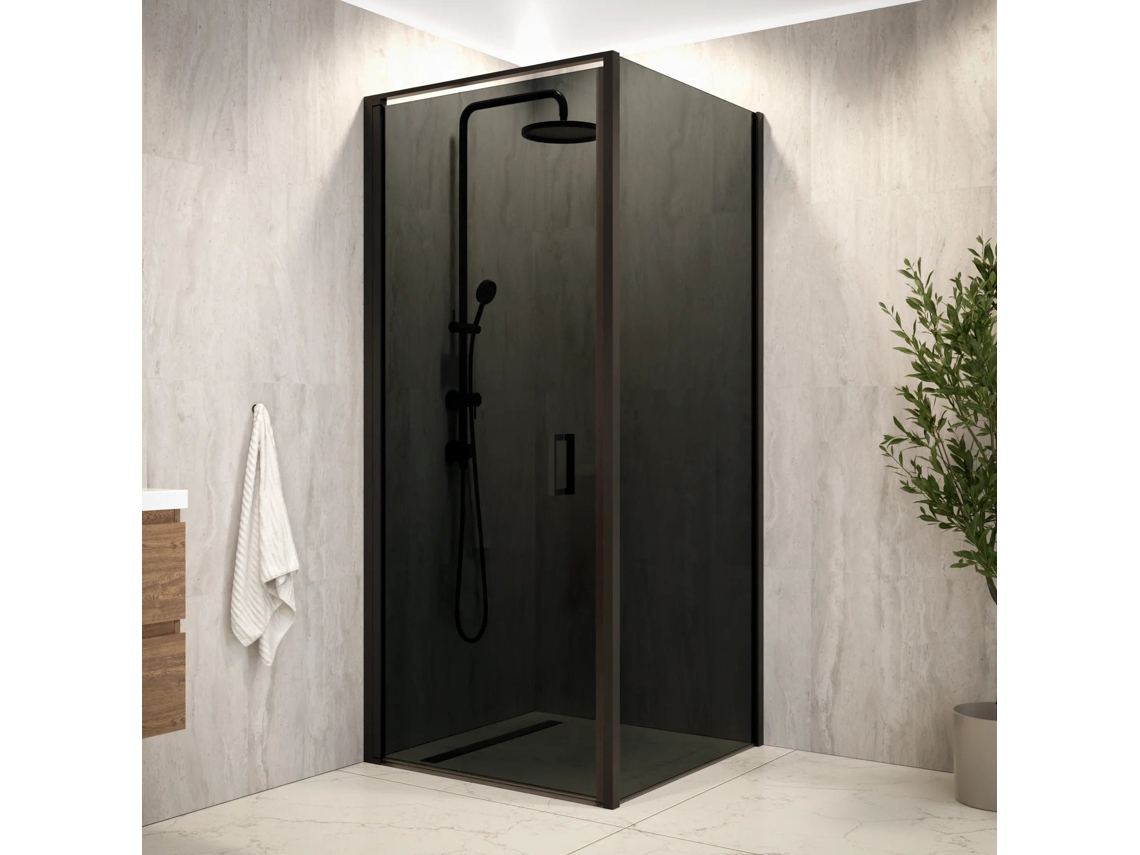 Mampara de ducha Mirlux de 90 x 200 cm en cristal templado ahumado negro de 8 mm.