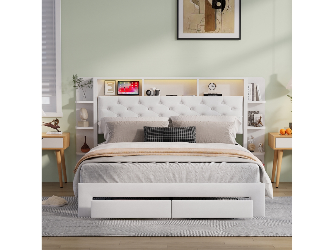 Cama Matrimonial 160x200 Cm Con Luz Led Y Carga Usb | Cama Tapizada Con Almacenaje (cajones + Estantes) | Terciopelo Blanco Moderna