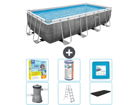 Piscina BESTWAY Rectangular Power Steel - Estampado Ratán - 488 x 244 x 122 - Incluida Bomba - Escalera - Cobertor Accesorios CB34