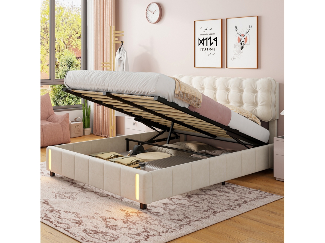 Cama De 140 X 190 Con Canapé-cama Doble-cama Para Adultos Con Sistema Hidráulico Y Luces Led-estructura De Cama Tapizada Para Dos Personas-sin Colchón