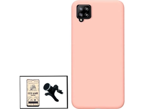 Kit Cristal Templado CeramicGlass Full Cover, Funda Silicona y Soporte Magnético de Coche Reforzado Samsung Galaxy A12 PHONECARE Rosa