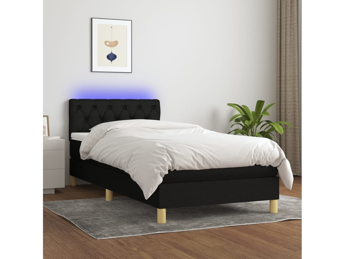 Cama Box Spring Con Colchón Led Tela Negro 80x200 Cm
