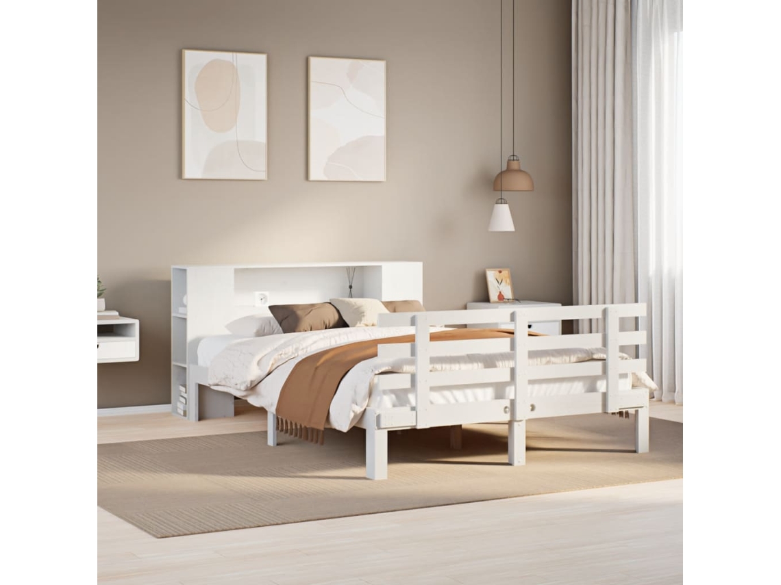 Syfax™ Cama-librería Sin Colchón, Blanca, 160x200cm, Madera Maciza De Pino