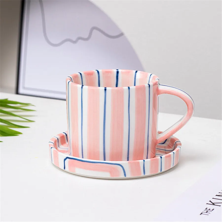 (rosa 200-400ml) Juego Minimalista De Taza Y Platillo A Rayas Pintados A Mano, Taza De Cerámica Para Café Con Leche