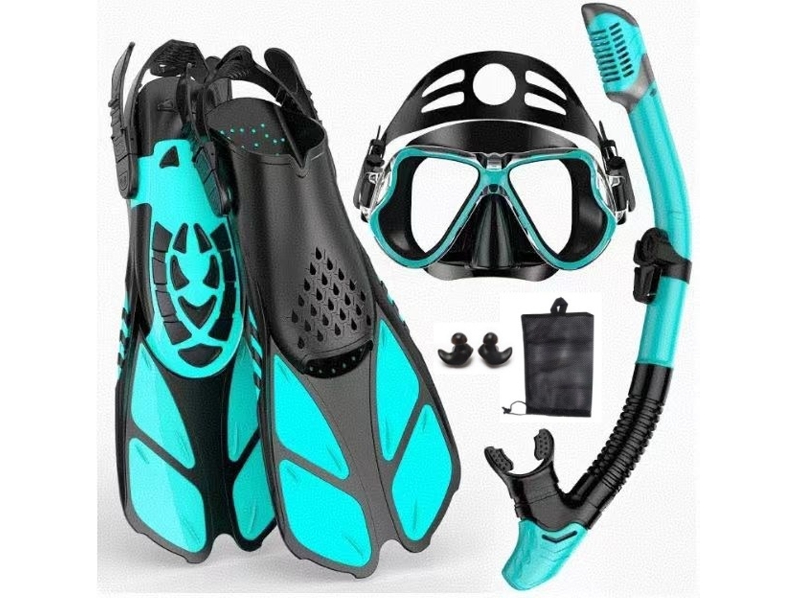 Set De Snorkel 3 Piezas, Máscara De Buceo, Snorkel, Aletas Ajustables, Color Verde Y Negro, M (38-41).