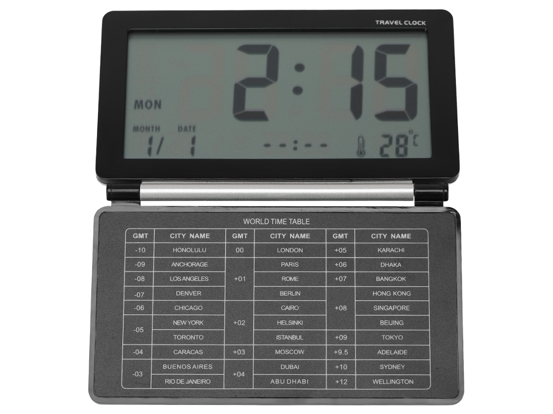 Reloj de viaje plegable portátil con alarma, temperatura, calendario y función de repetición (negro)