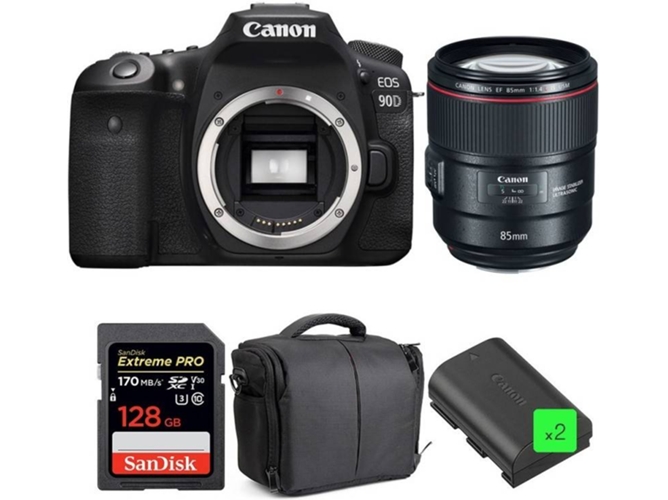Kit Cámara Réflex CANON EOS 90D + EF 85mm f/1.4L IS USM + SanDisk 128GB + 2 LP-E6N + Bolsa