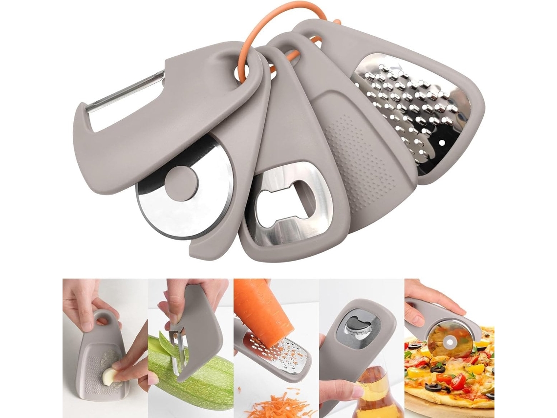 Utensilio De Cocina Apilable 5 En 1, Incluye Pelador, Abridor De Botellas, Triturador De Ajos, Apto Para Lavavajillas.
