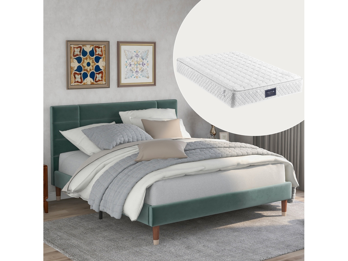 Cama Doble Tapizada De 140x200cm En Terciopelo Verde Oscuro Con Colchón.