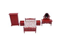 Conjunto De Muebles Para Dormitorio De Casa De Muñecas A Escala 1:12, Madera De Abedul, Diseño Floral, Cama, Mesa, Armario.