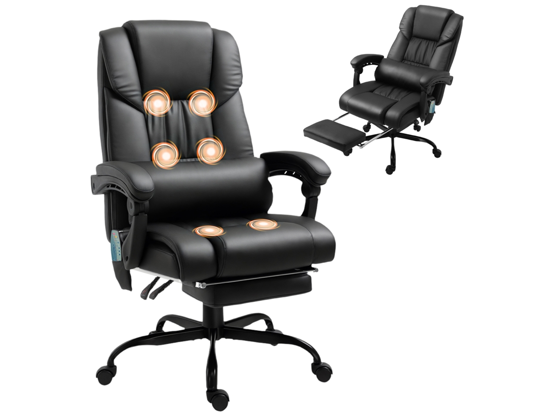 Silla de oficina negra con reposapiés de masaje y respaldo alto.