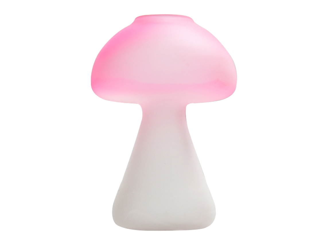 Jarrón decorativo rosa con forma de hongo en cristal transparente mate.