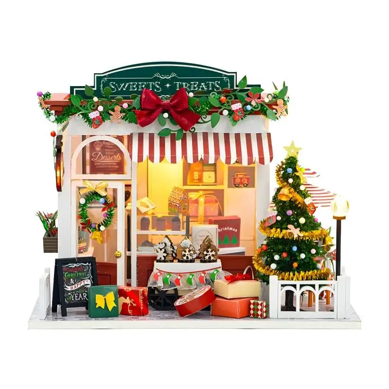 Kit De Casa De Muñecas Navideña En Miniatura Para Armar, Incluye Muebles Y Una Maqueta De Madera De Un Pueblo Navideño.