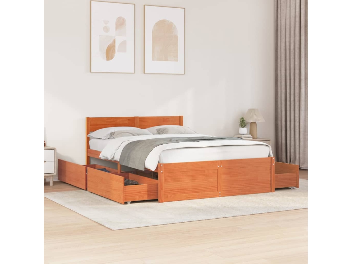Cama Sin Colchón Madera Maciza De Pino Marrón Cera 140x190 Cm