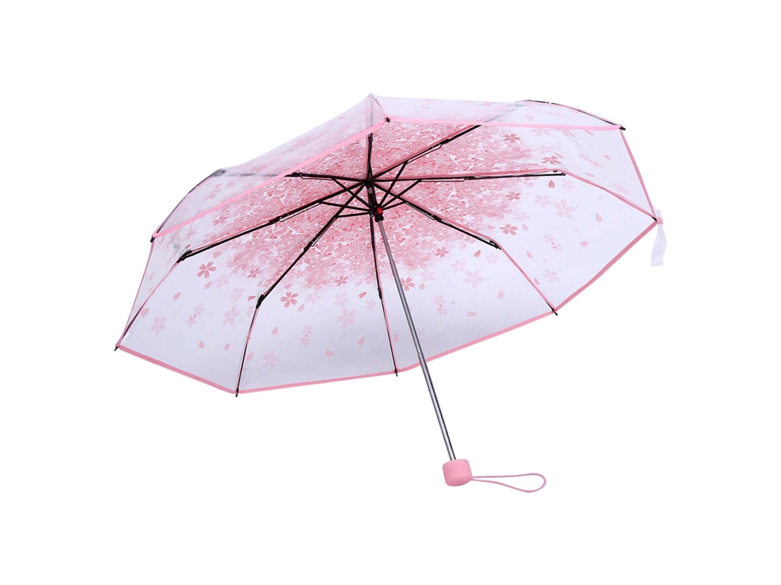 Paraguas Plegable Compacto Transparente Con Elegante Estampado De Flores De Cerezo Rosas.