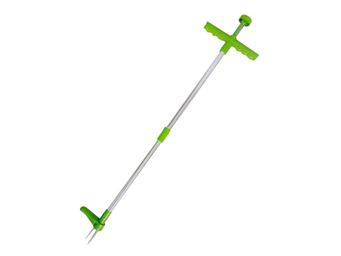 Herramienta de jardinería para arrancar raíces y aflojar la tierra en un tubo de aluminio.