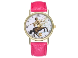 Reloj De Cuarzo Con Correa De Cuero, Diseño Del Signo Zodiacal Sagitario (rosa Y Rojo).