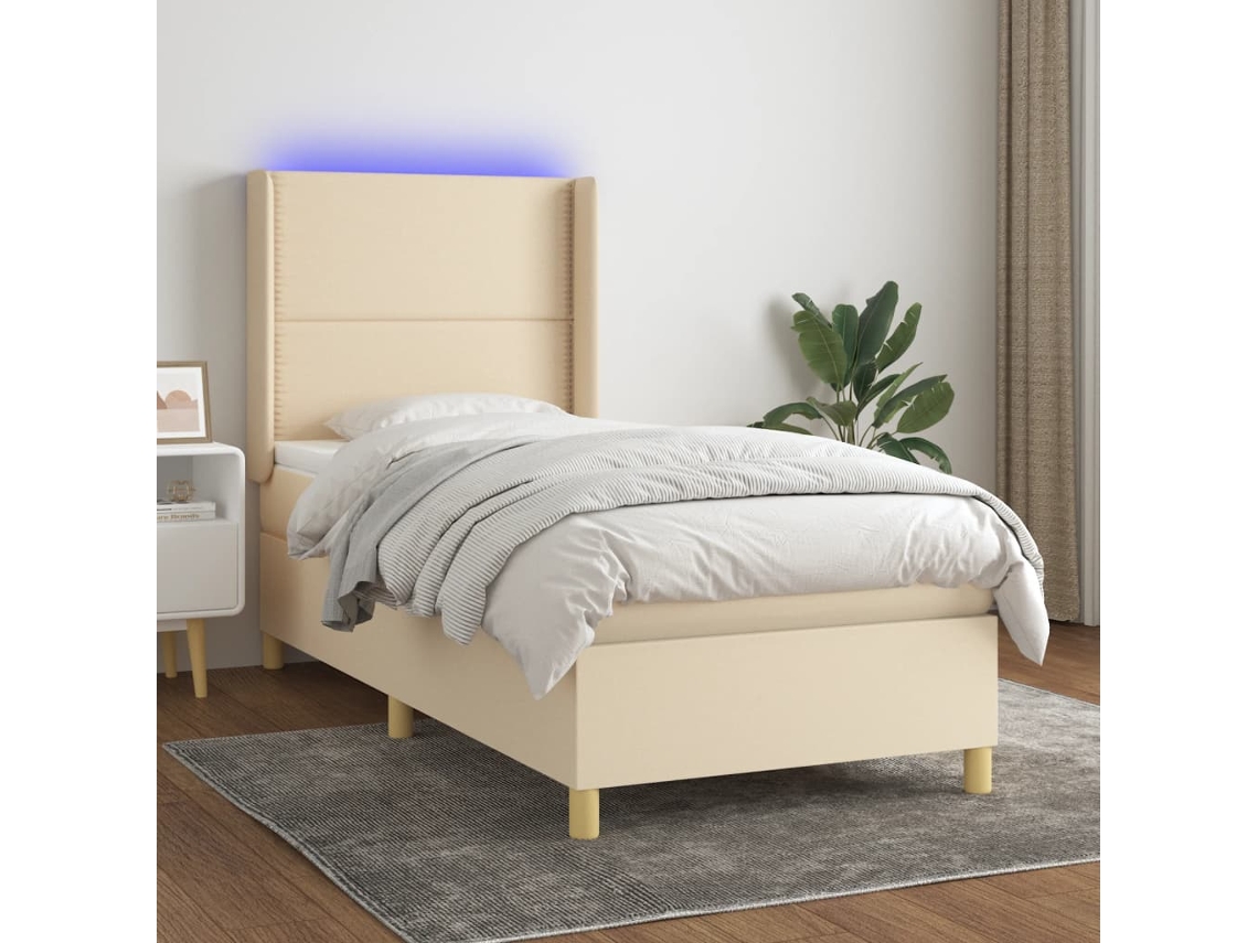 Cama Box Spring Colchón Y Luces Led Tela Color Crema 90x190 Cm