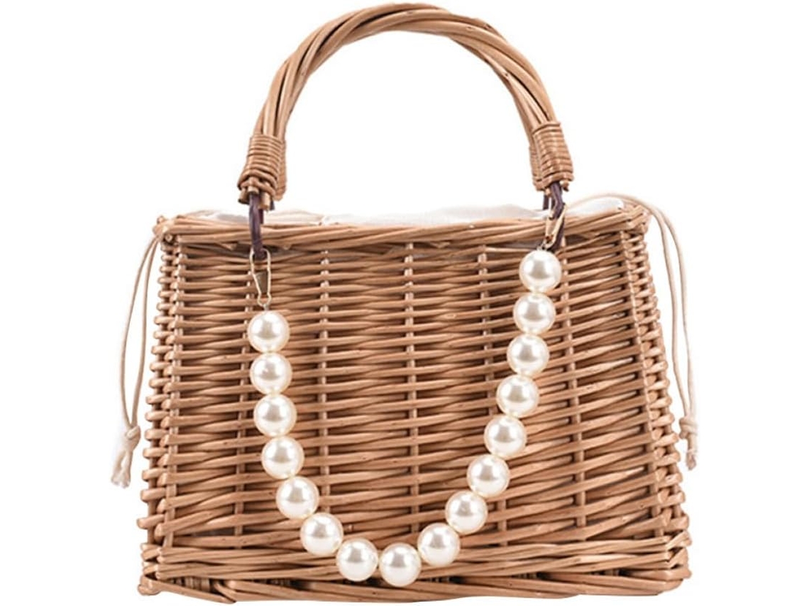 Bolso De Mano De Paja Tejida Para Mujer Ciieeo Con Cuentas, Abertura Ancha, Cordón Ajustable, Portátil Y
