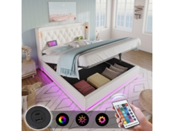 Cama Doble De 180x200 Cm, Hidráulica, Usb-c, Led, 3 Lados, Color Blanco Pu.