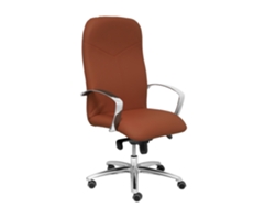 Sillón Caudete con avanzado mecanismo de inclinación, tapizado en piel sintética marrón. Equipado con base de aluminio, brazos fijos y ruedas de parquet.