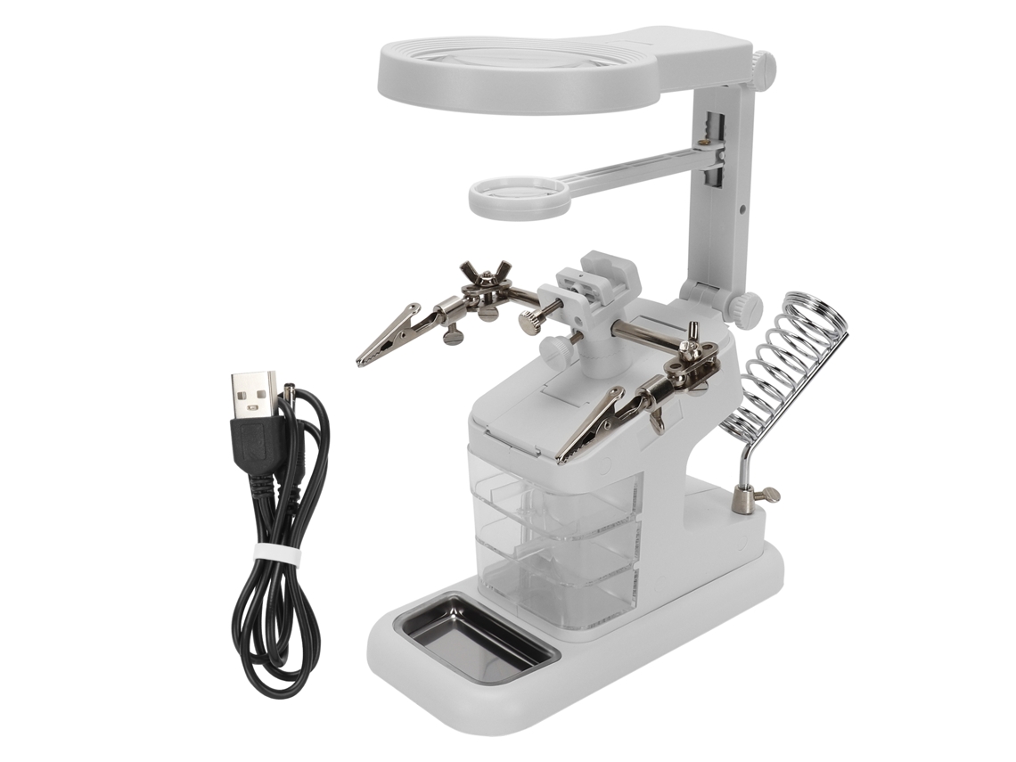 Lupa De Mesa Con Luz Led Y Soporte, Aumentos De 3x, 25x Y 4.5x, Ideal Para Leer, Reparar, Soldar Y Usar Con Manos Libres. Color Blanco.
