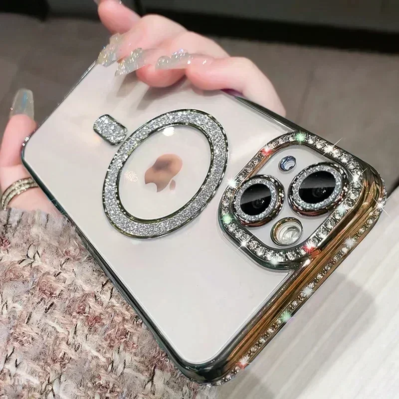 (iphone 15 Plus, Dorado) Funda Transparente Y Brillante De Cristal Para Iphone Con Soporte Para Carga Inalámbrica Magnética Magsafe.