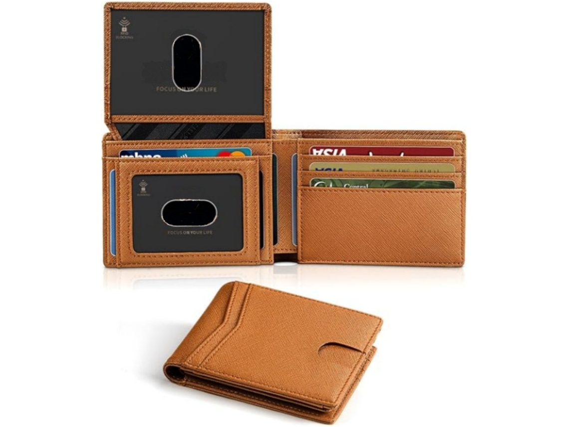 Cartera ultradelgada de piel auténtica para hombre de Panoona con protección RFID y dos compartimentos para tarjetas de identificación - Marrón
