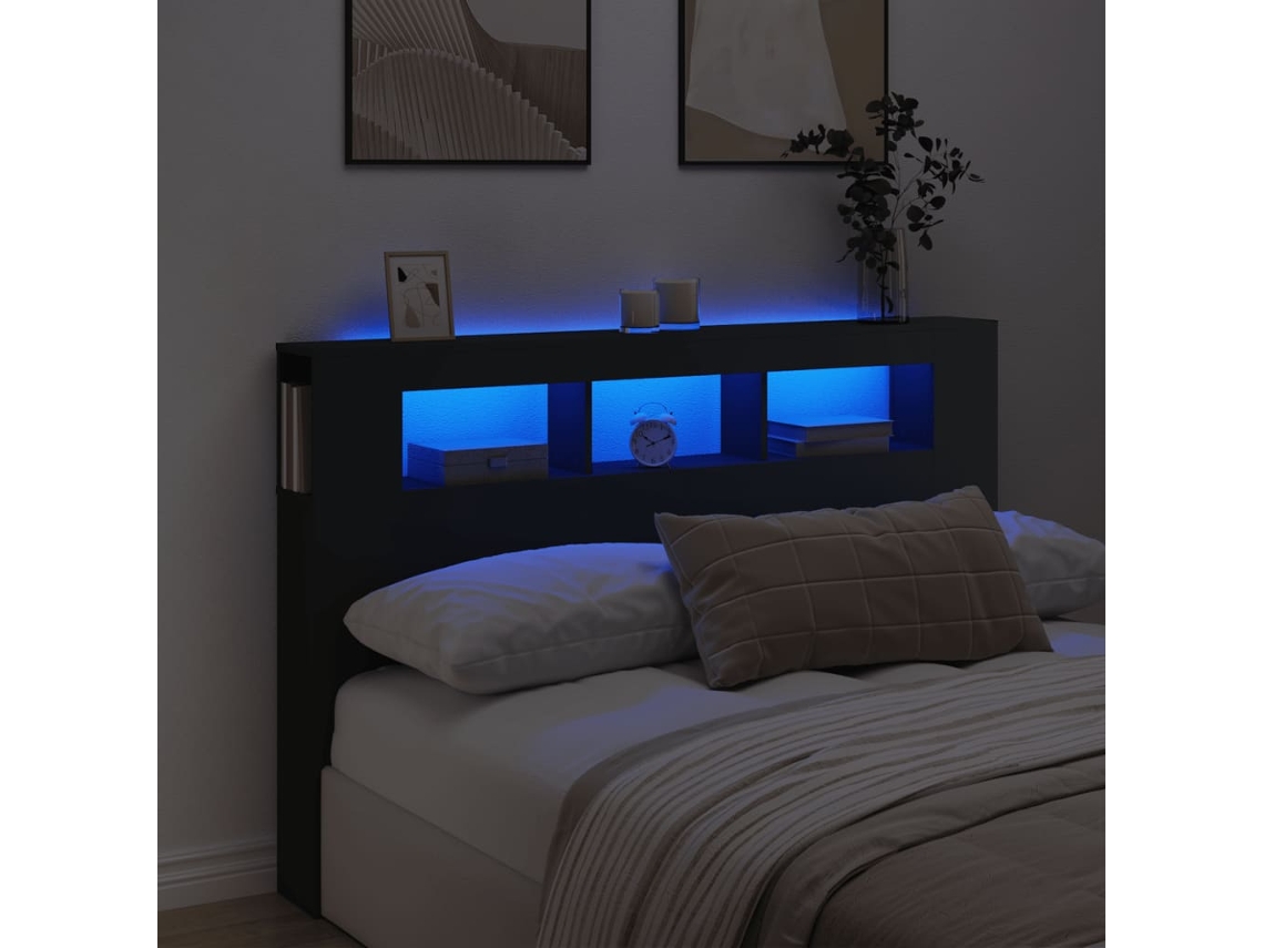 Cabecero Con Led Madera De Ingeniería Negro 160x18,5x103,5 Cm